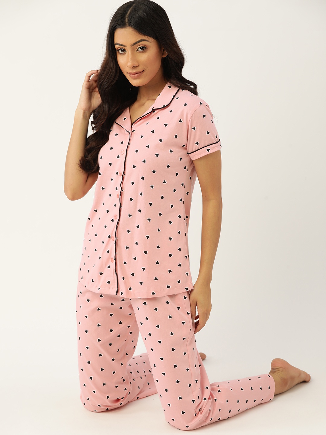 

ETC Women Pink & Black Pure Cotton Conversational Print Night suit