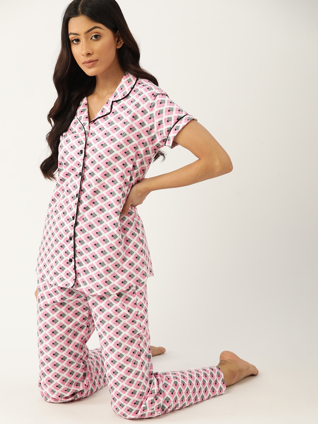 

ETC Women Pink & Grey Pure Cotton Checked Night suit