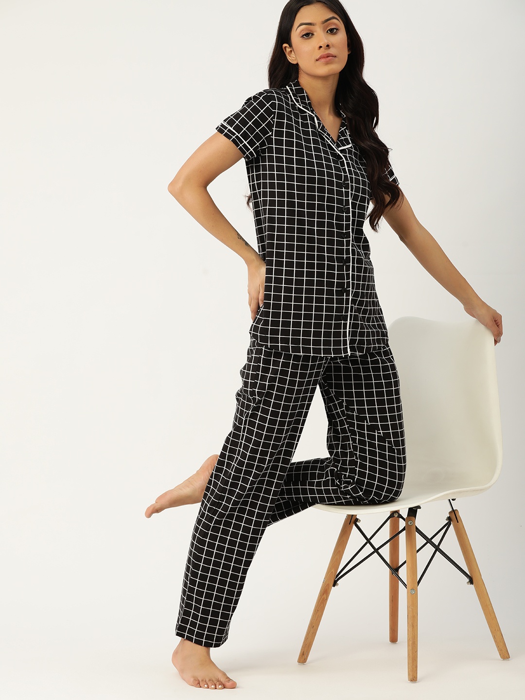 

ETC Women Black & White Checked Cotton Pyjama Set
