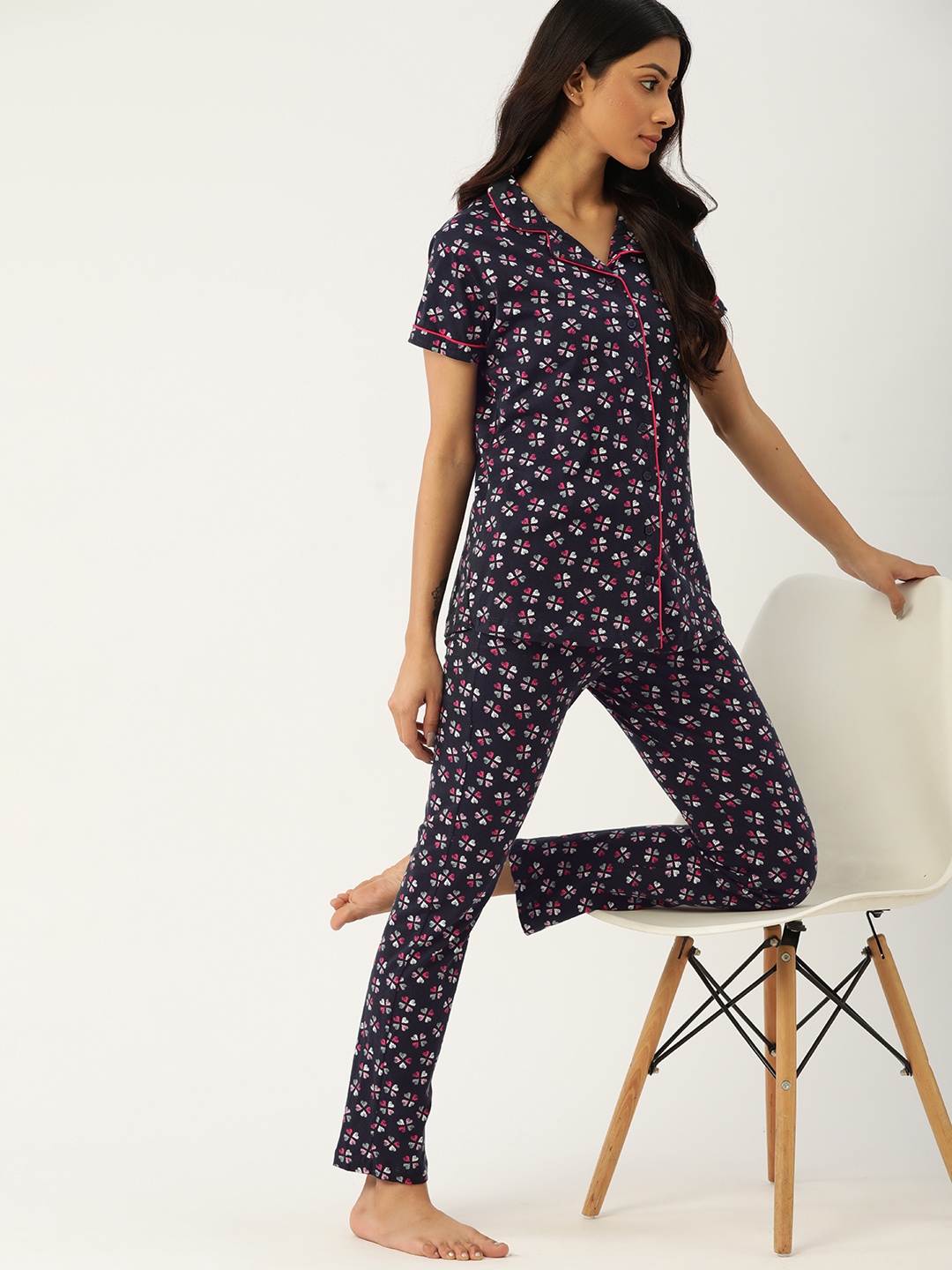 

ETC Women Navy Blue & Pink Printed Cotton Pyjama Set