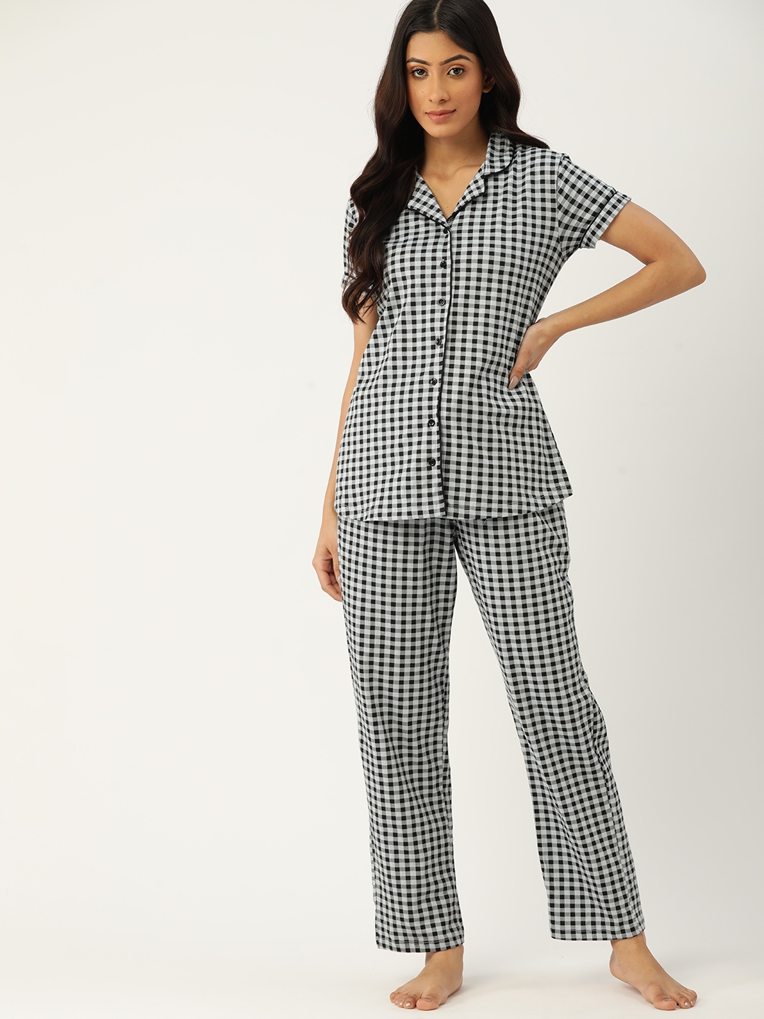 

ETC Women Black & White Checked Cotton Pyjama Set