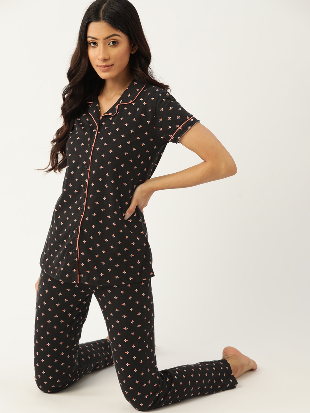 

ETC Women Black & Orange Pure Cotton Conversational Print Night suit