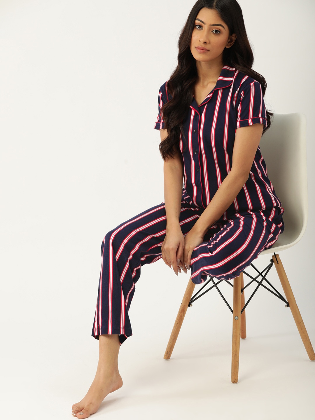 

ETC Women Navy Blue & White Striped Cotton Pyjama Set