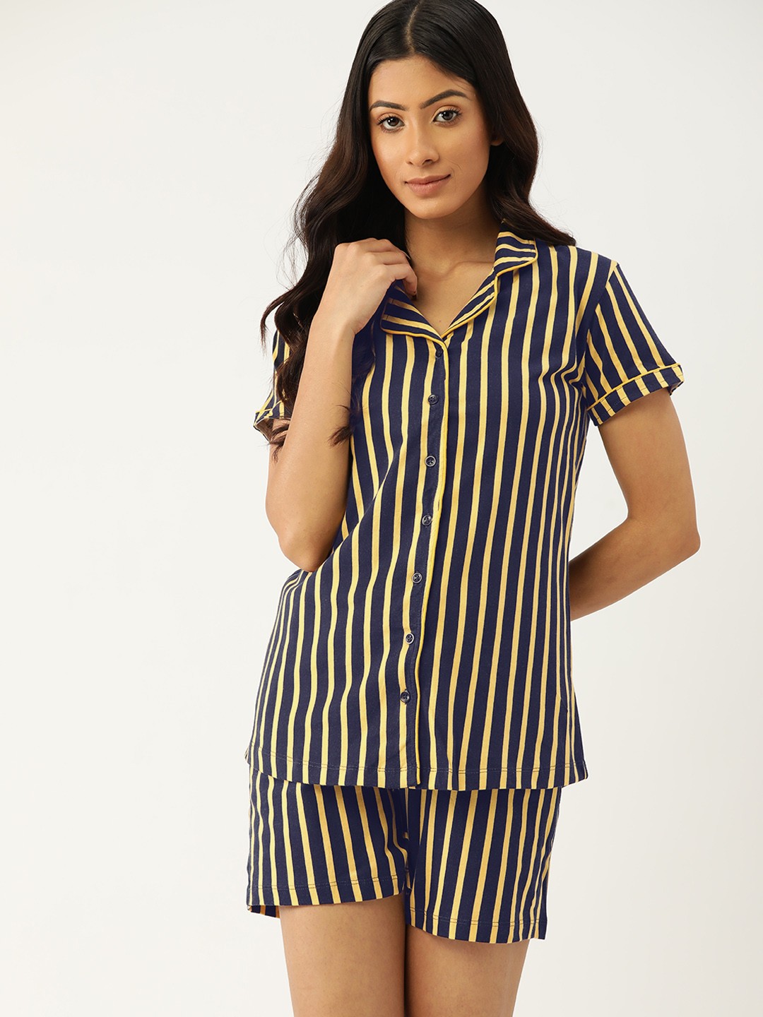 

ETC Women Yellow & Black Pure Cotton Striped Night suit