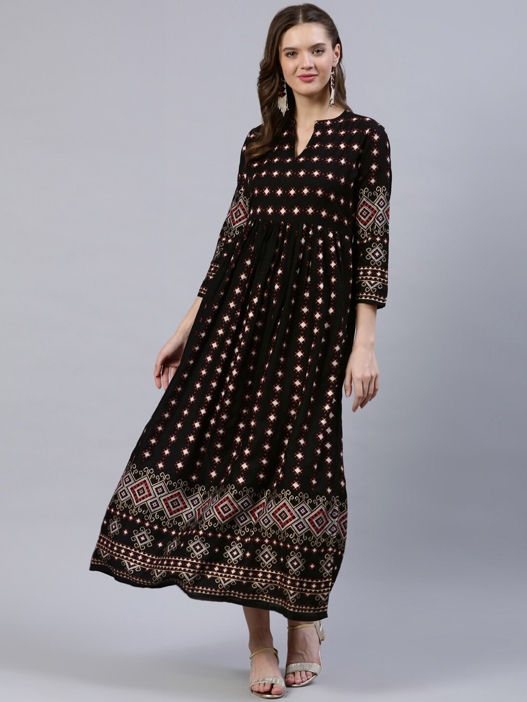 

AASI - HOUSE OF NAYO Black & Red Printed Mandarin Collar Fit & Flare Dress