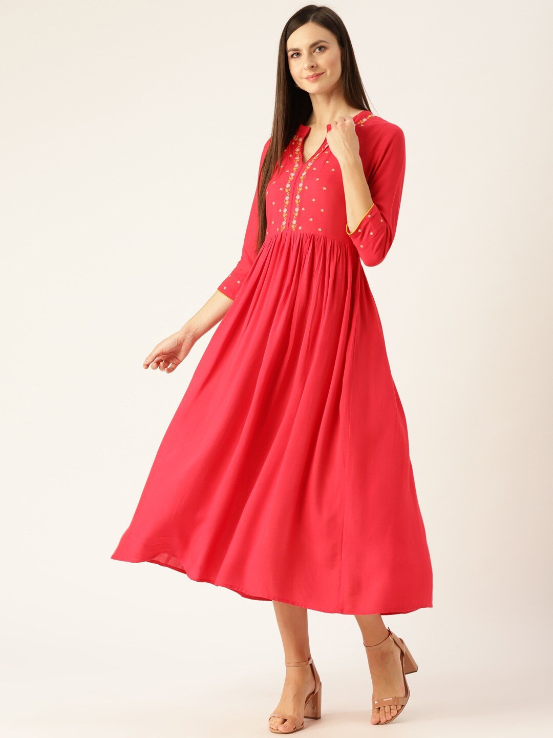 

AASI - HOUSE OF NAYO Coral Embroidered Ethnic A-Line Midi Dress