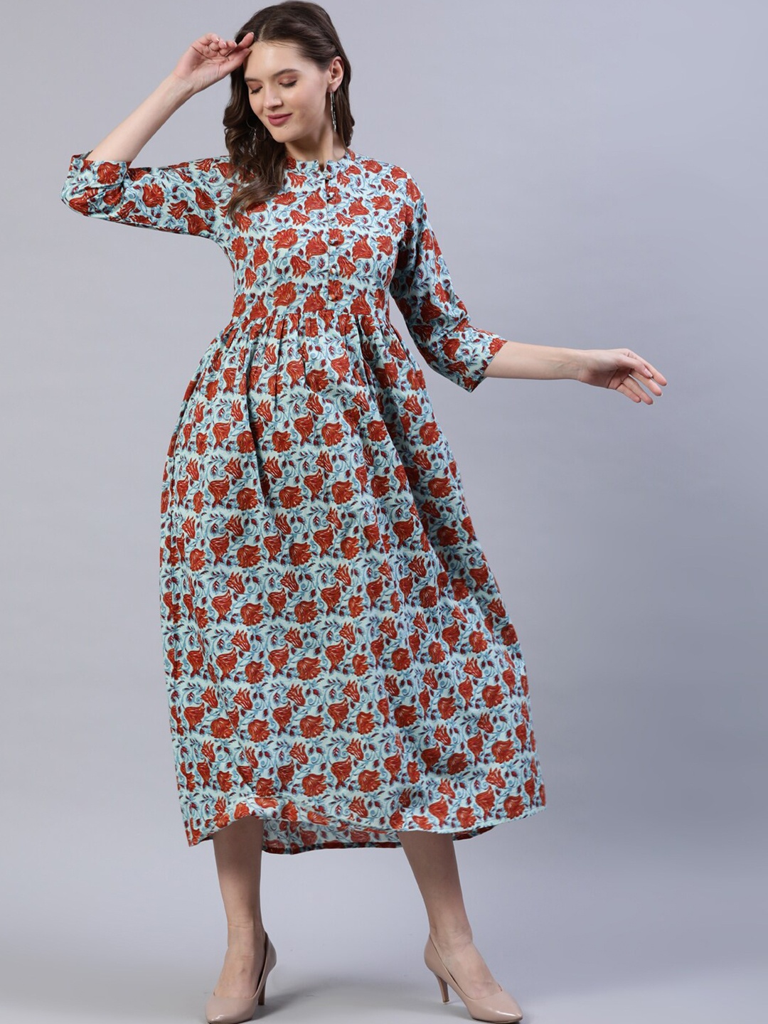 

AASI - HOUSE OF NAYO Women Rust & Blue Floral Printed Midi Dress