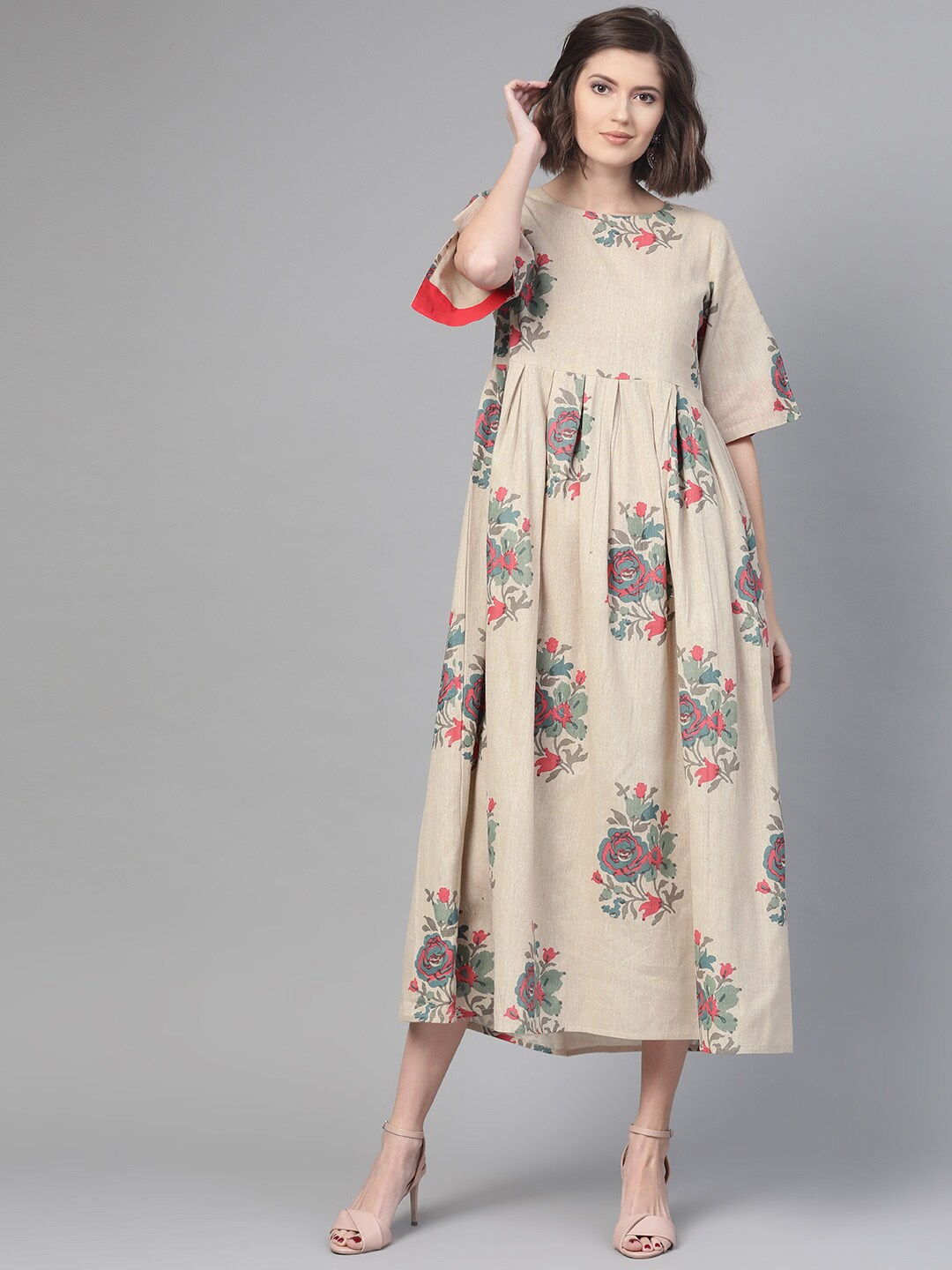 

AASI - HOUSE OF NAYO Beige & Coral Pink Ethnic Motifs Printed Cotton A-Line Midi Dress