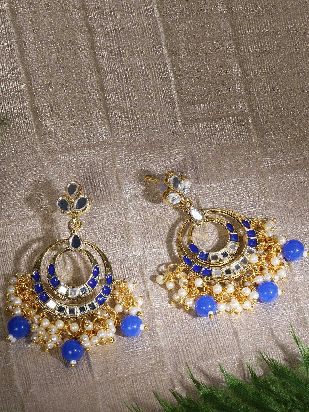 

LIVE EVIL Gold-Plated Blue & White Kundan Studded & Beaded Mirror Chandbalis Earrings
