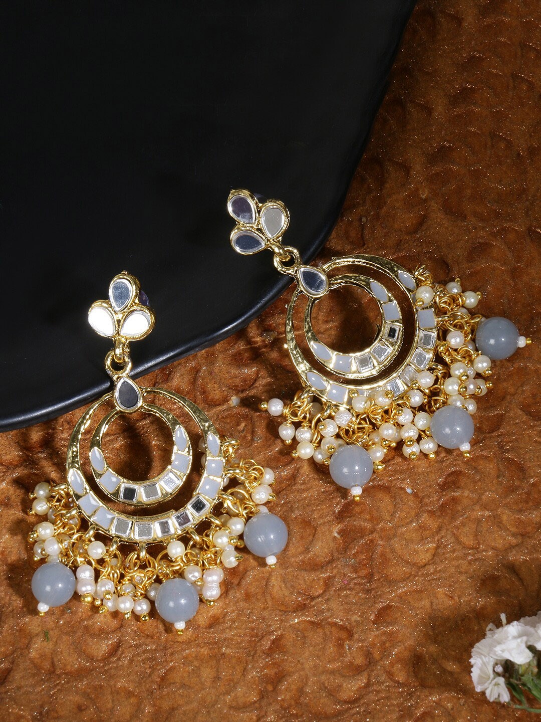 

LIVE EVIL Gold Plated & Grey Contemporary Mirror Work Chandbalis Earrings
