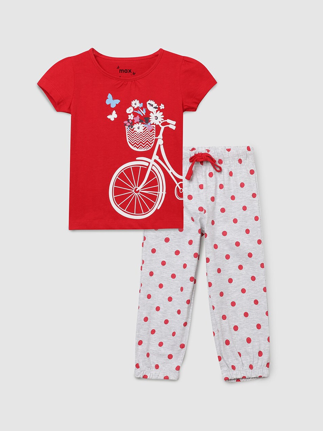

max Girls Red & White Printed Pure Cotton Night suit