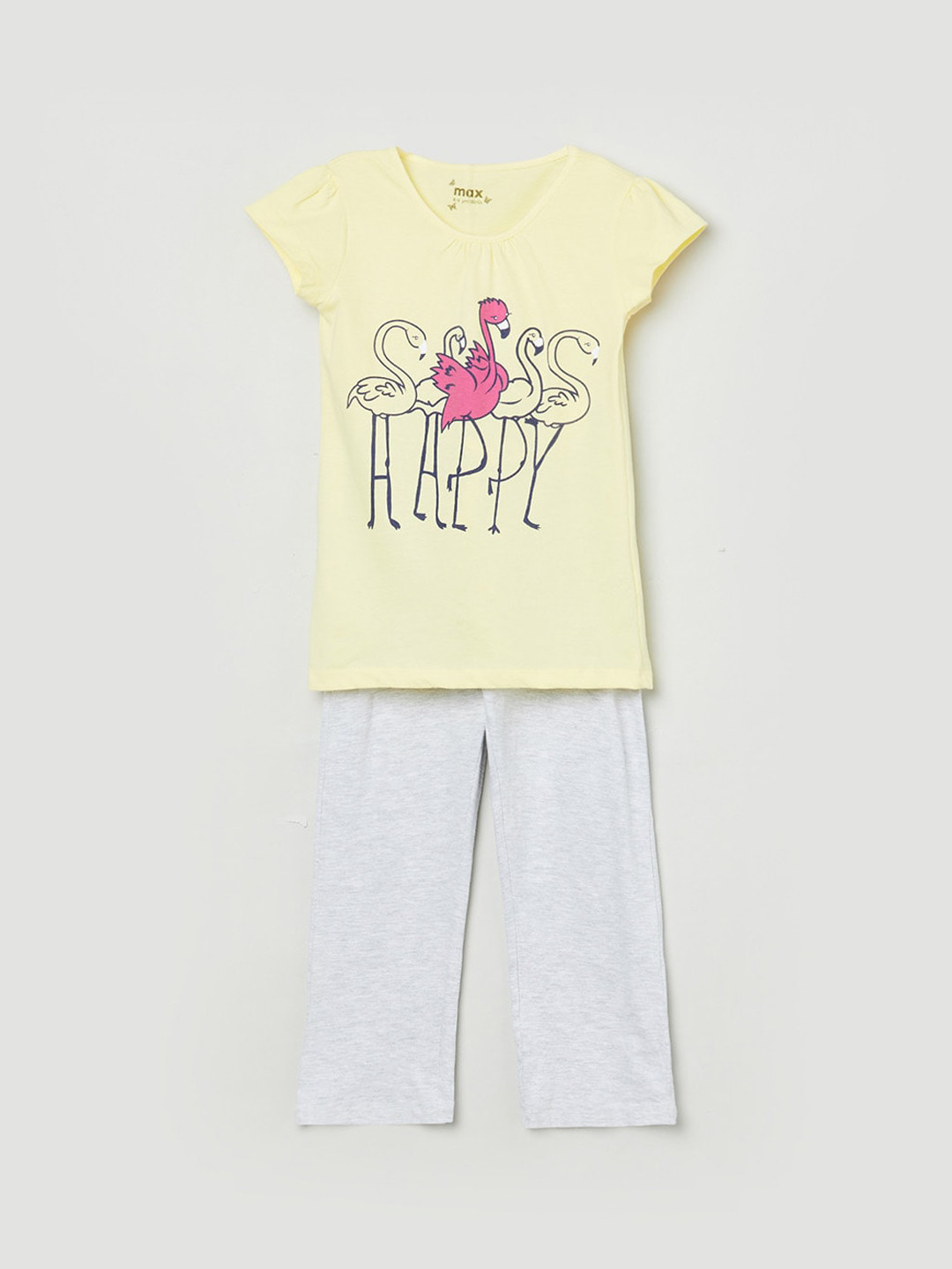 

max Girls Yellow & Pink Printed Pure Cotton Night suit