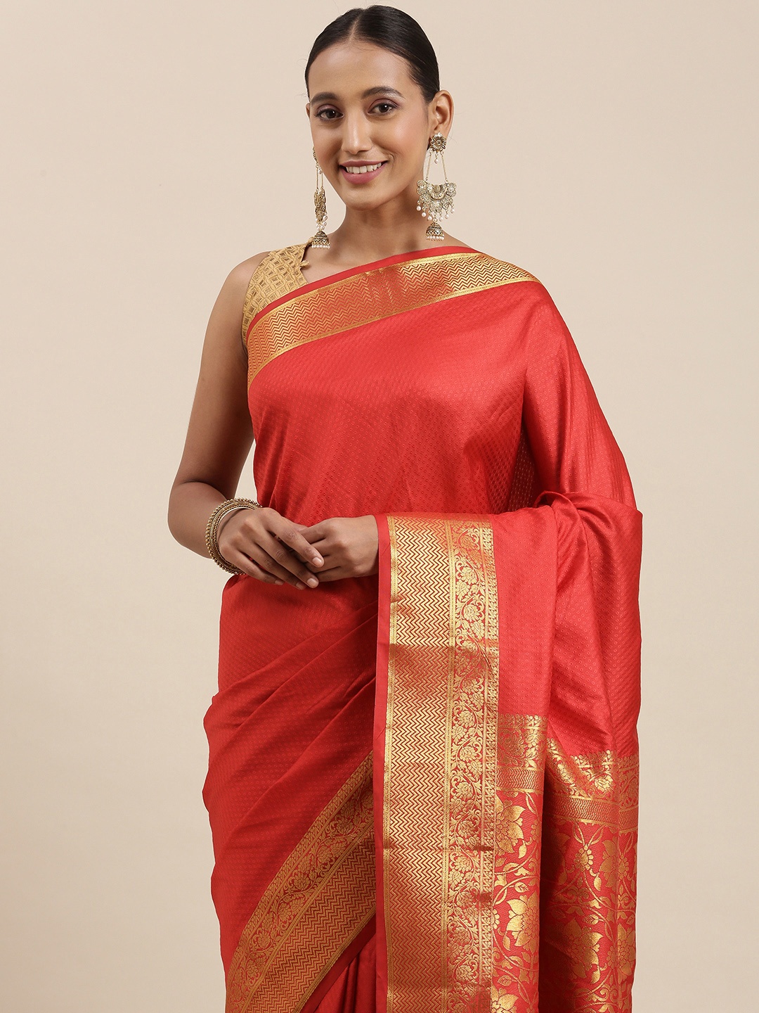 

Rudra Fashion Red & Gold Floral Woven Design Silk Blend Kanjeevaram Saree