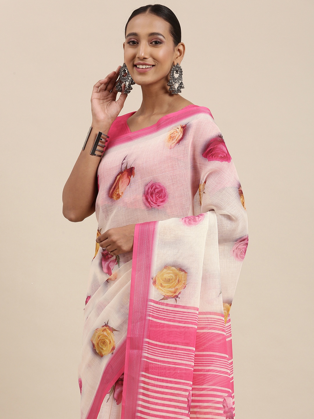 

Rudra Fashion Off White & Pink Floral Printed Ikat Saree