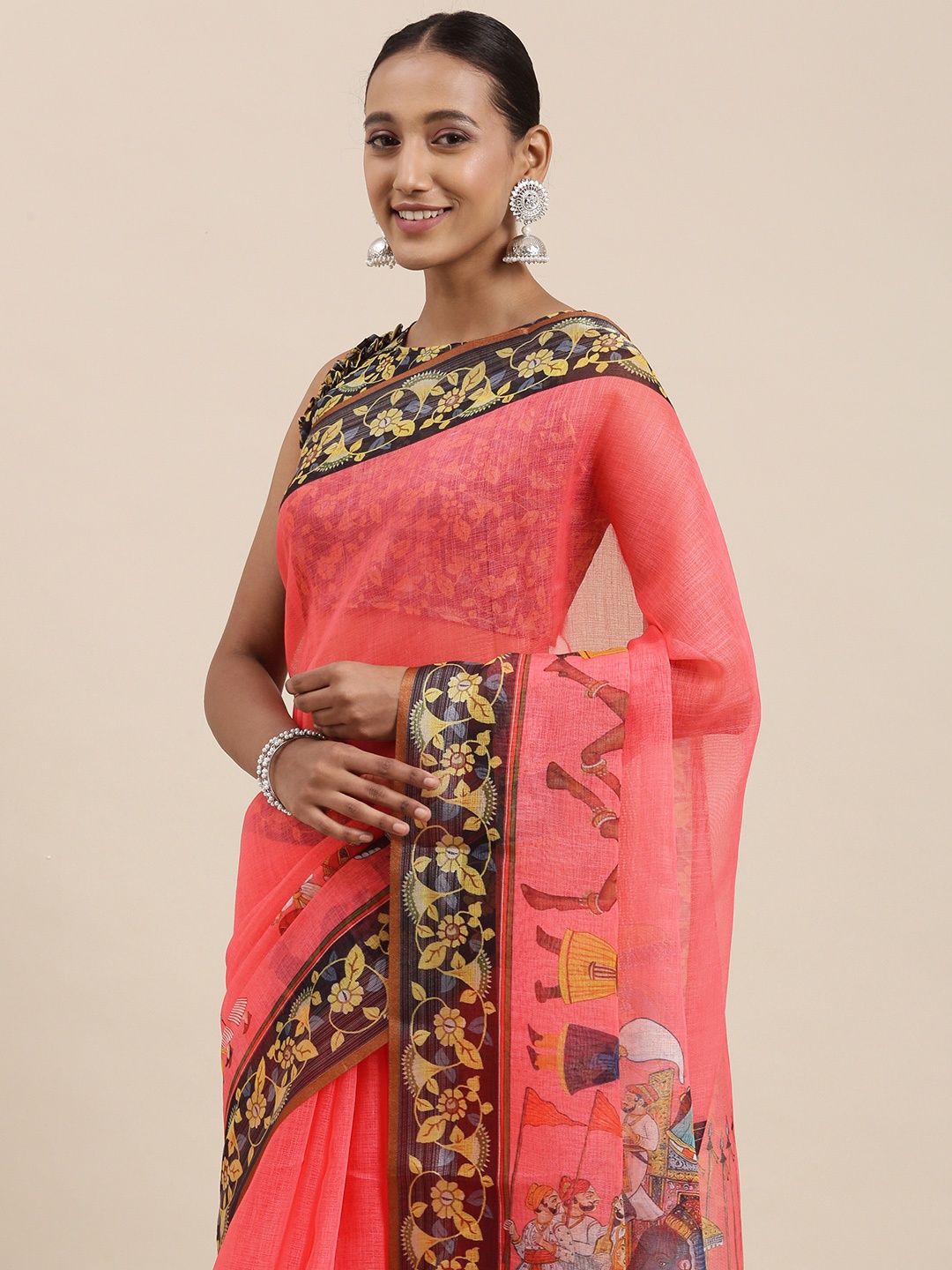 

Rudra Fashion Pink & Black Ethnic Motifs Printed Ikat Saree