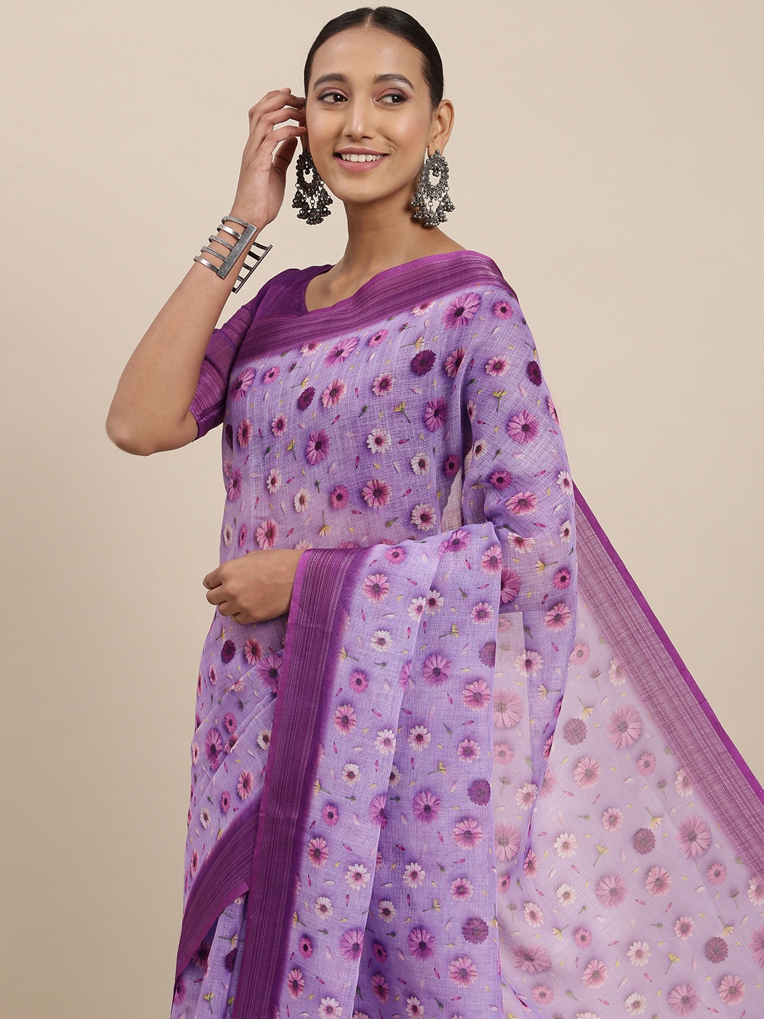 

Rudra Fashion Lavender Floral Printed Ikat Saree