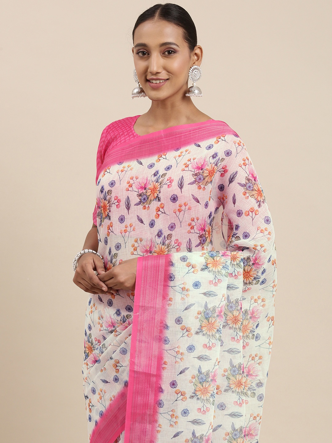 

Rudra Fashion Off White & Pink Floral Printed Ikat Saree