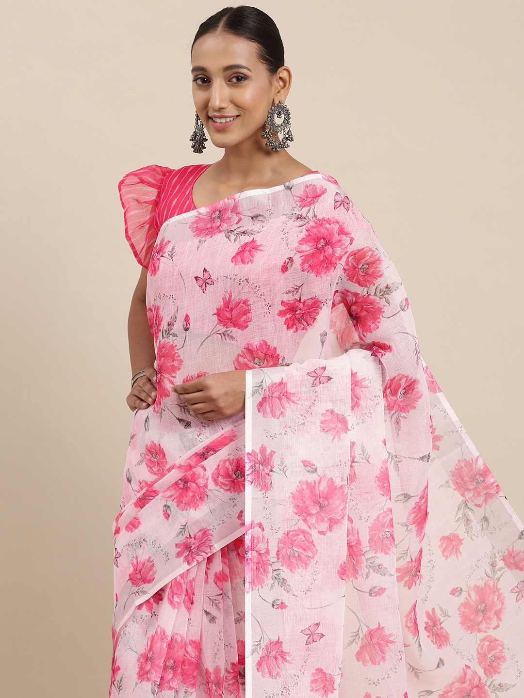 

Rudra Fashion Off White & Pink Floral Printed Ikat Saree
