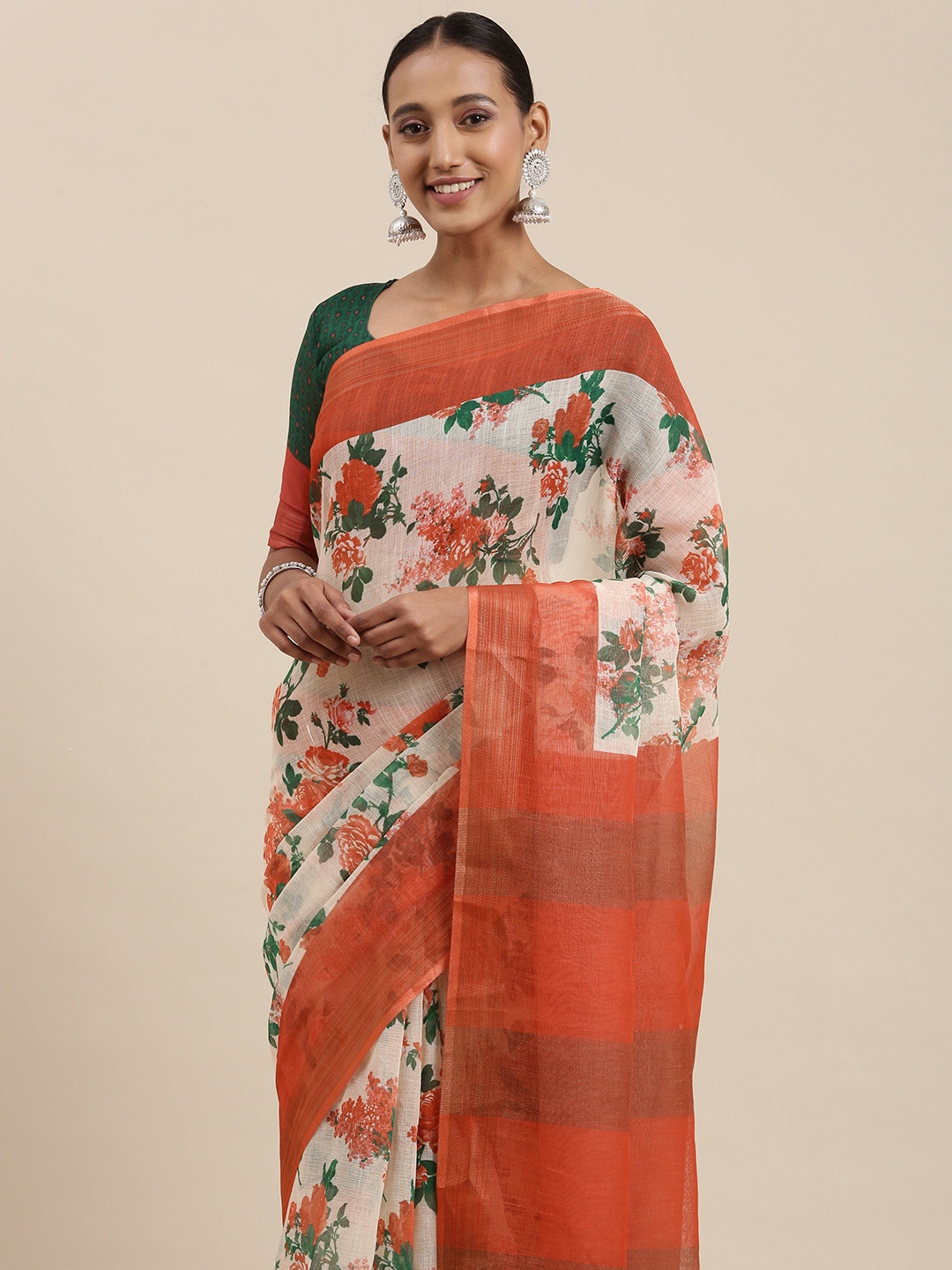 

Rudra Fashion Off White & Rust Floral Printed Ikat Saree