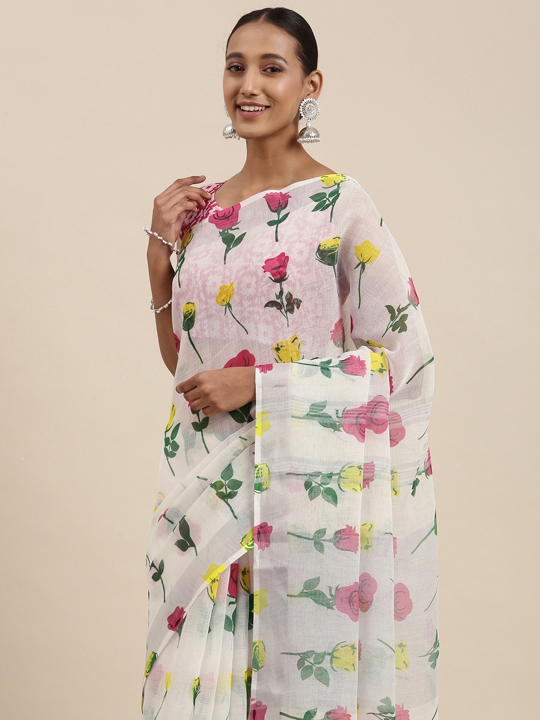 

Rudra Fashion Off White & Pink Floral Printed Ikat Saree