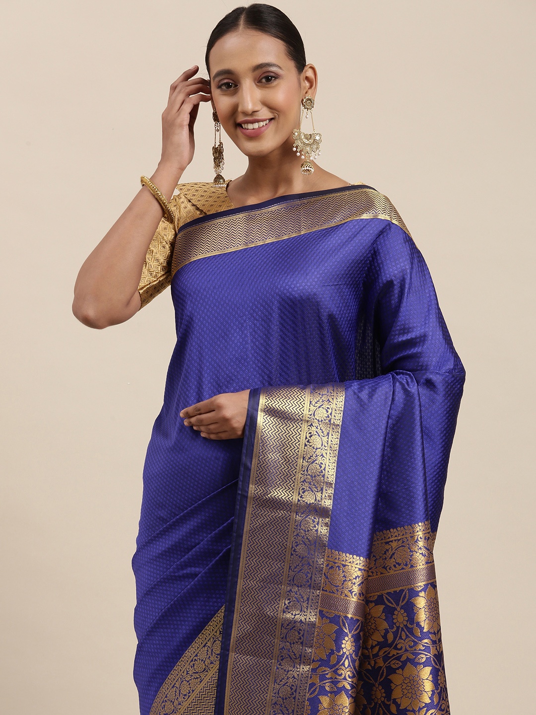 

Rudra Fashion Blue & Gold Floral Woven Design Silk Blend Kanjeevaram Saree