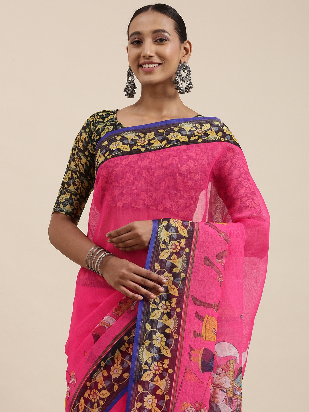 

Rudra Fashion Pink & Black Floral Linen Blend Ikat Saree