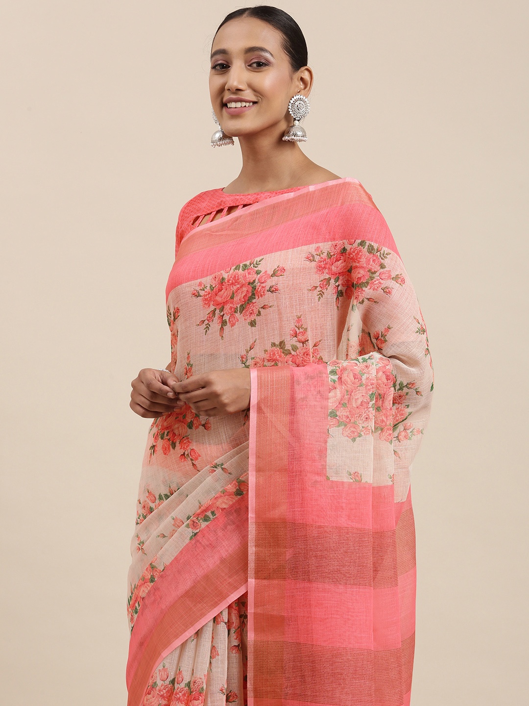 

Rudra Fashion Off White & Pink Floral Printed Ikat Saree