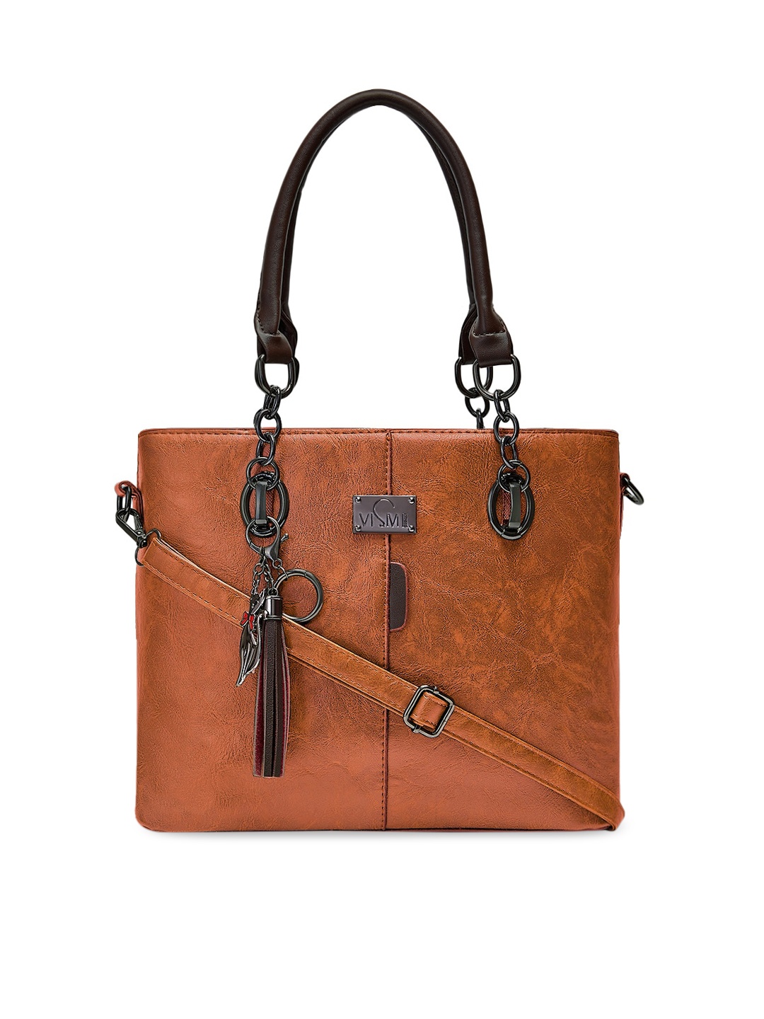

VISMIINTREND Tan Brown Structured Handheld Bag with Tasselled