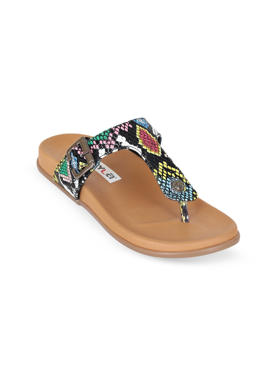 

Zyla Women Black Printed T-Strap Flats