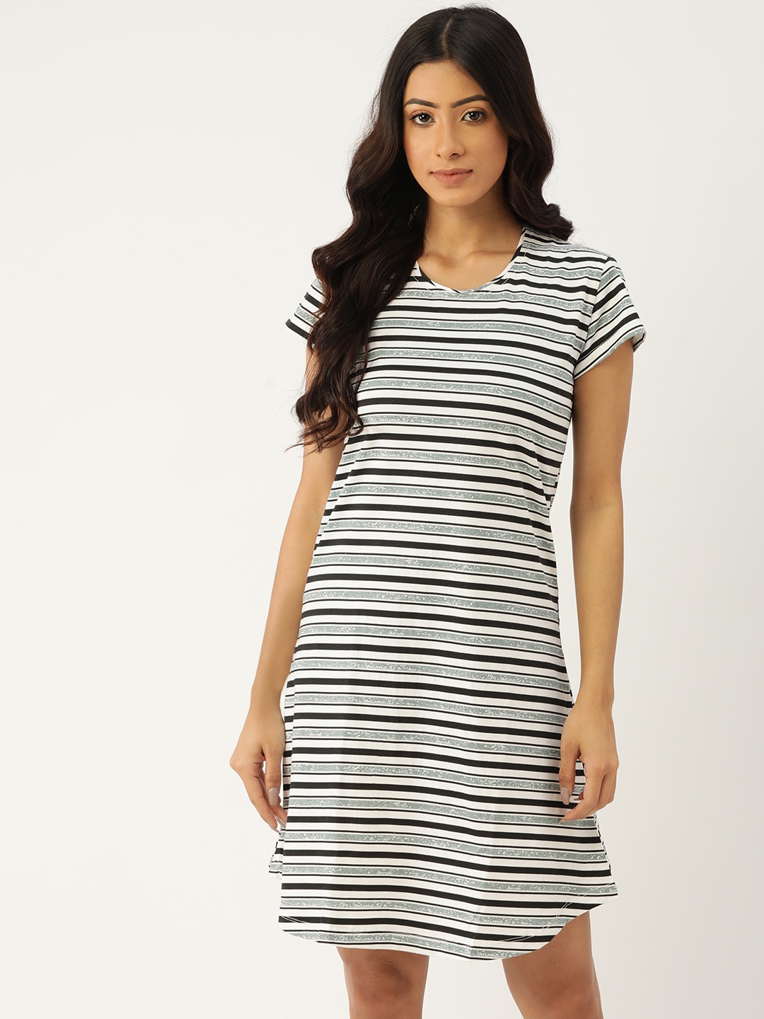 

ETC Women Off White & Black Pure Cotton Striped T-shirt Nightdress