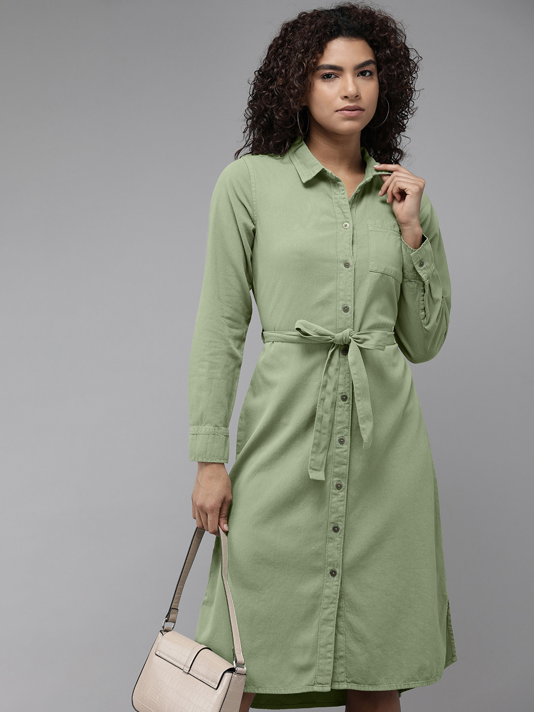 

The Roadster Lifestyle Co. Pure Cotton Solid Denim A-Line Dress With Belt Detailing, Olive
