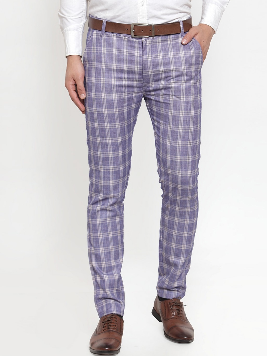 

JAINISH Men Blue Checked Smart Slim Fit Easy Wash Formal Trousers