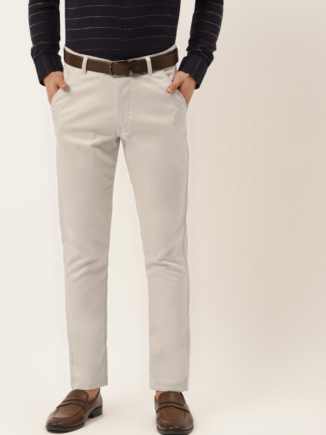 

JAINISH Men Cream-Coloured Smart Slim Fit Easy Wash Trousers