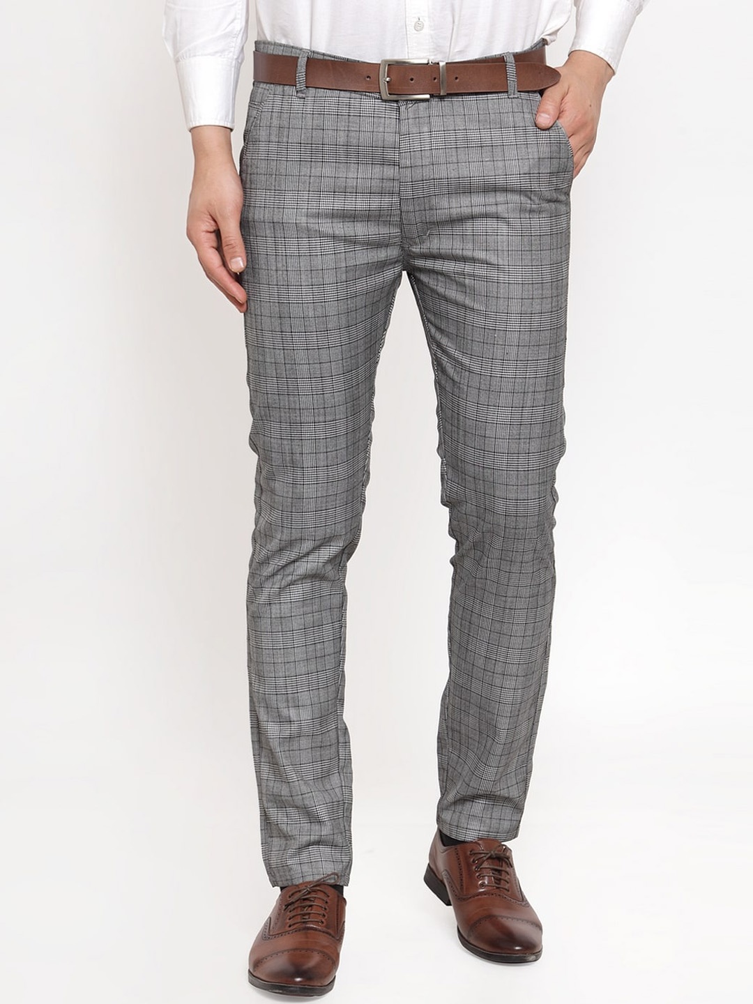 

JAINISH Men Grey Checked Smart Slim Fit Cotton Formal Trousers