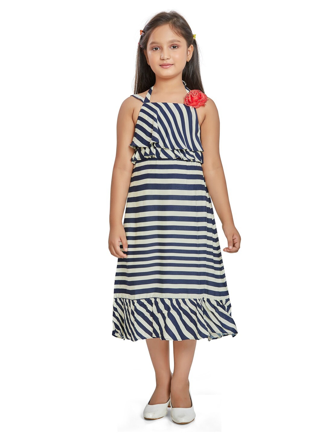 

Peppermint Navy Blue & White Striped A-Line Midi Cotton Dress