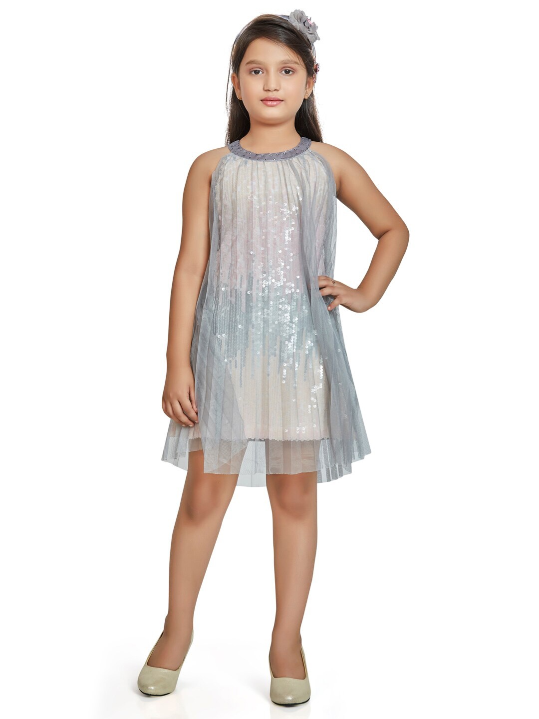 

Peppermint Girls Grey Embellished Net A-Line Dress