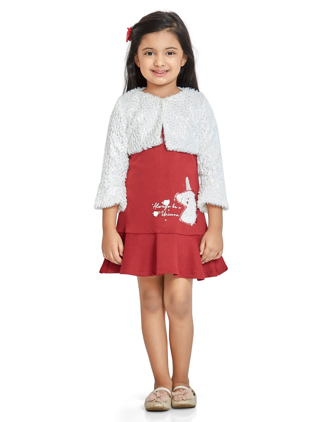 

Peppermint Girls Maroon & White Satin A-Line Dress