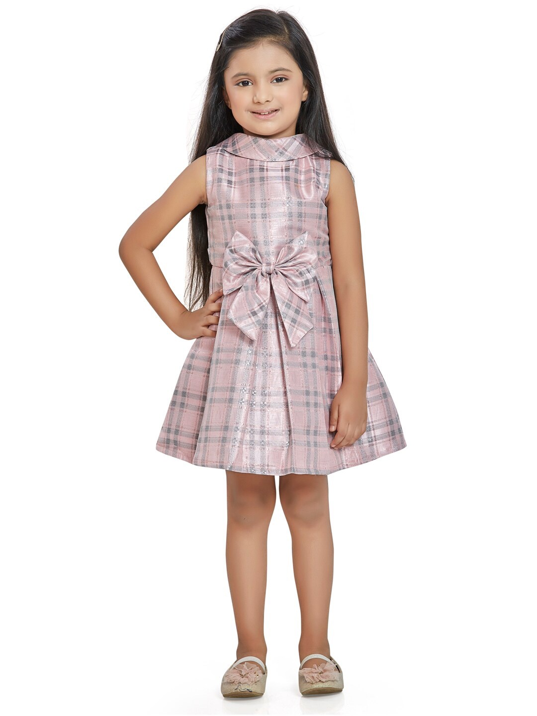 

Peppermint Pink & Grey Checked Box Pleated Jacquard Dress