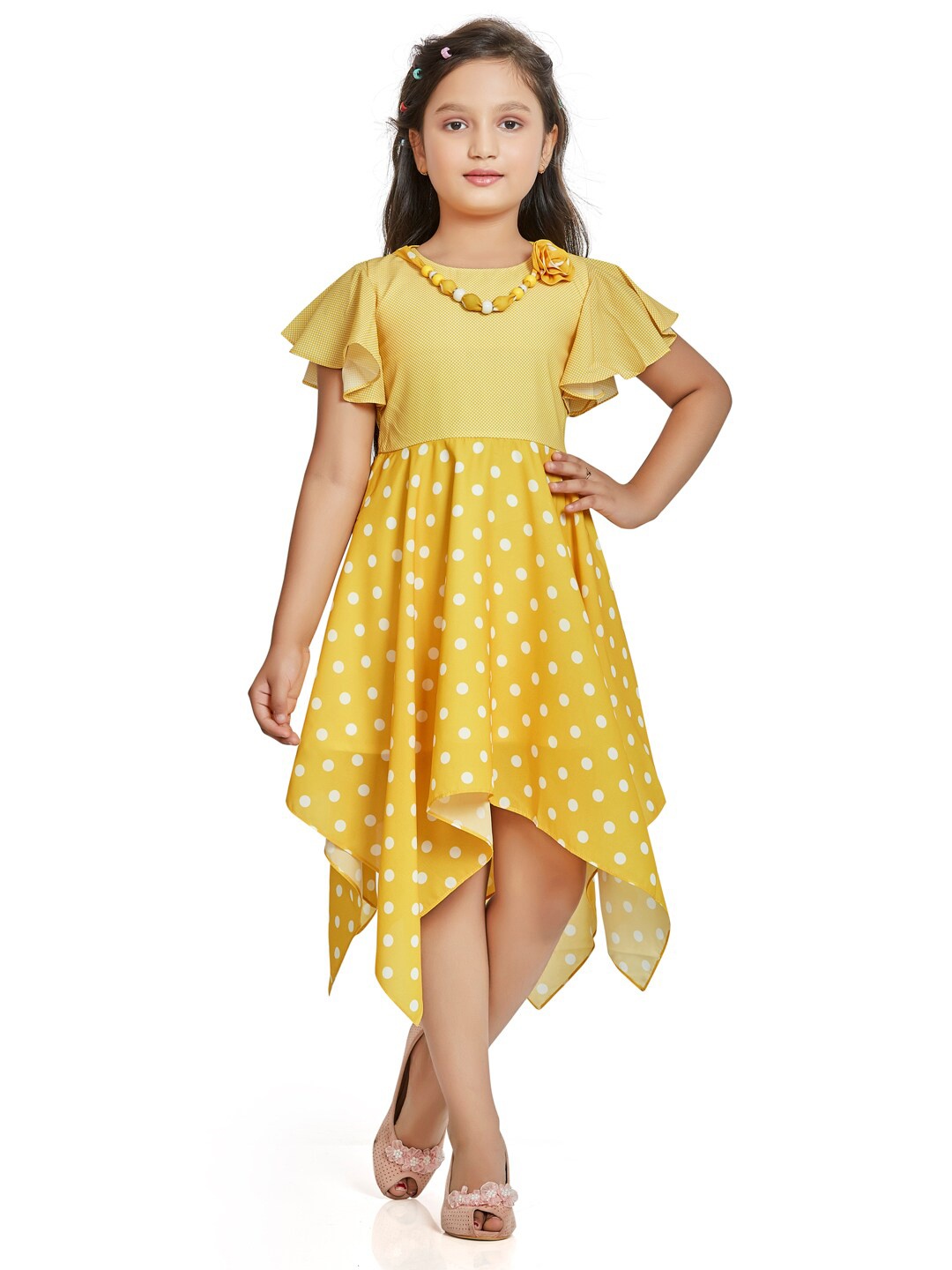 

Peppermint Girls Yellow Polka Dot Printed Fit & Flare Cotton Dress