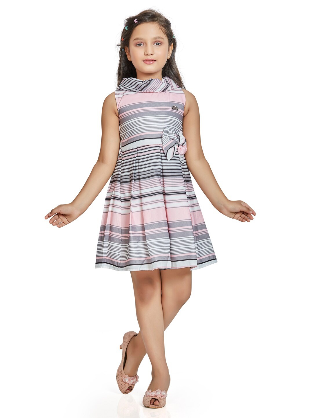 

Peppermint Girls Grey & Pink Striped A-Line Dress