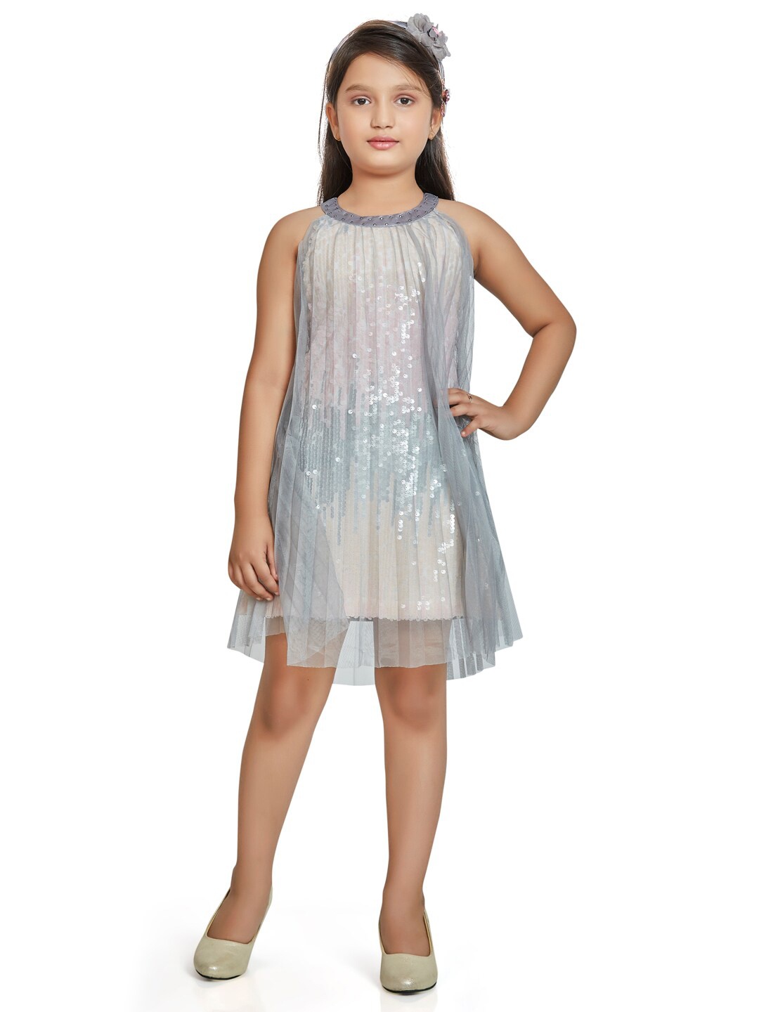 

Peppermint Girls Grey Sequinned Net A-Line Dress