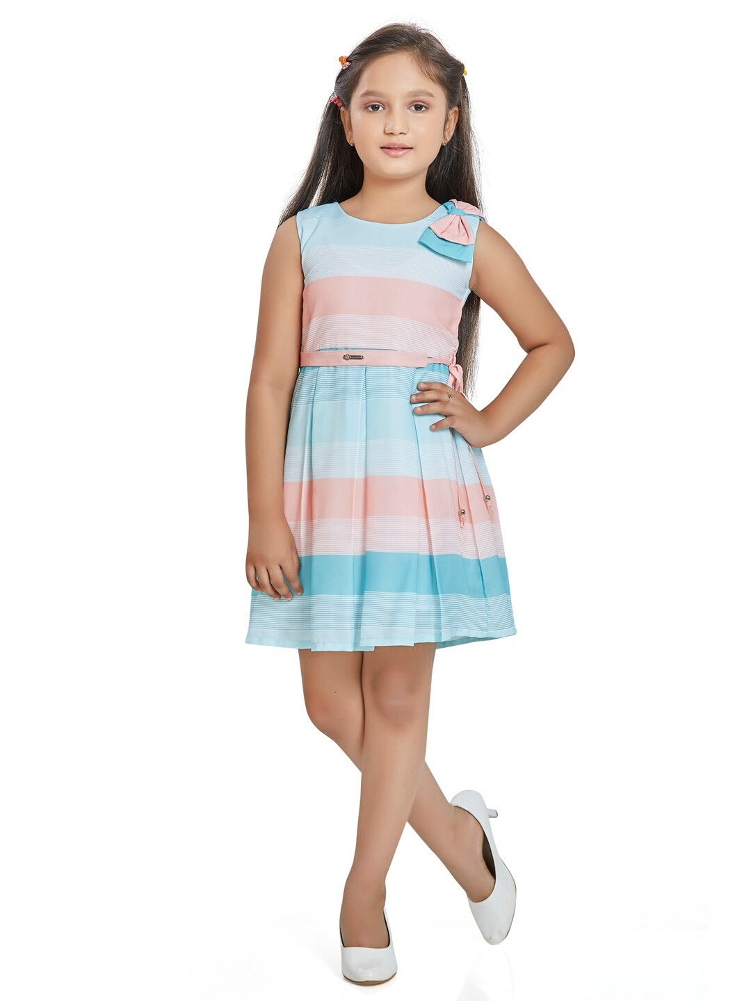 

Peppermint Peach-Coloured & Blue Striped Dress