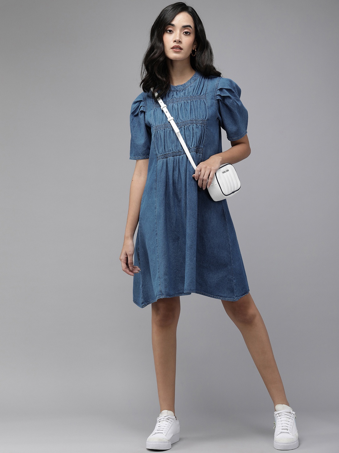 

The Roadster Lifestyle Co Women Blue Solid A-Line Dress With Smocking Detail