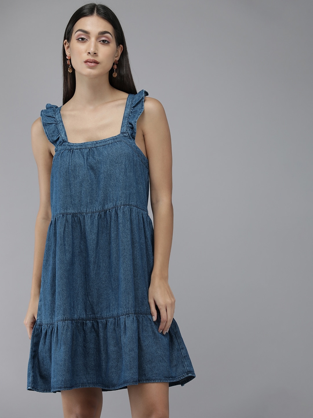 

The Roadster Life Co. Women Navy Blue Cowl Neck A-Line Pure Cotton Tiered Dress
