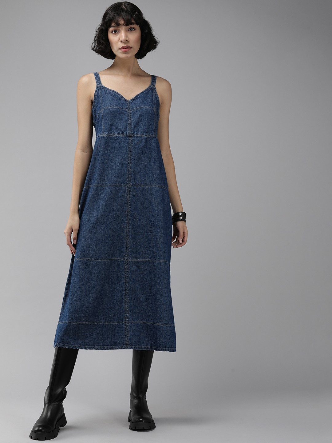 

Roadster Women Blue Denim A-Line Pure Cotton Midi Dress