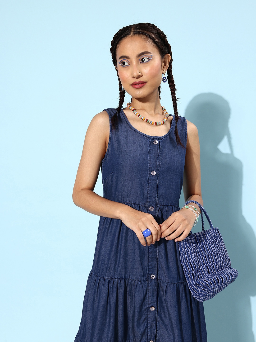 

Roadster Blue Solid A-Line Tiered Dress