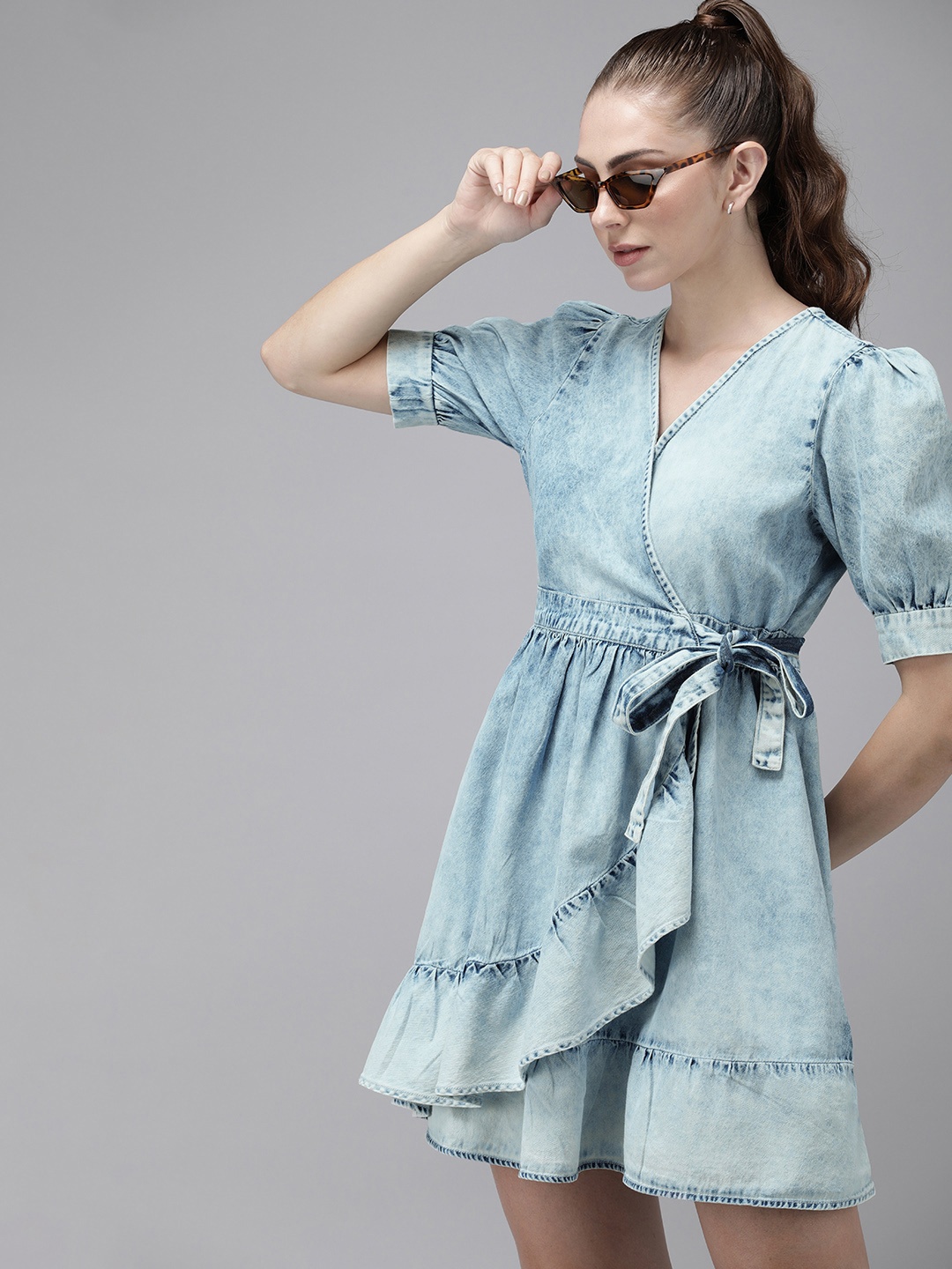 

The Roadster Life Co. Pure Cotton Puff Sleeve Denim Wrap Dress, Blue