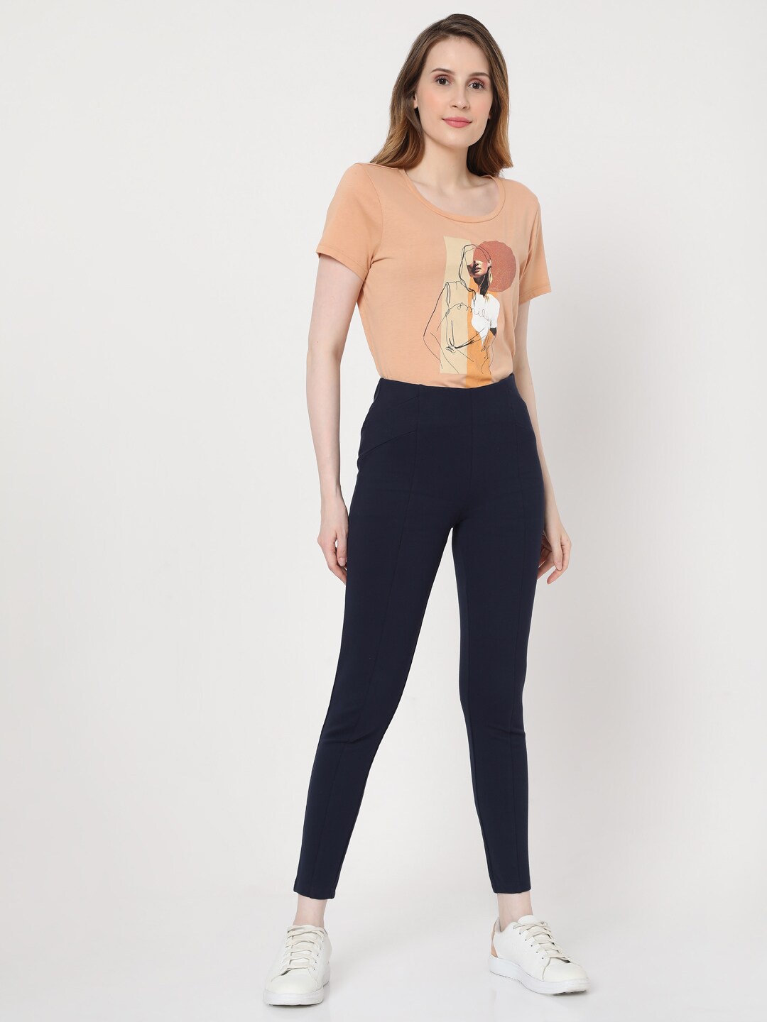 

Vero Moda Women Navy Blue Solid Skinny Fit Treggings