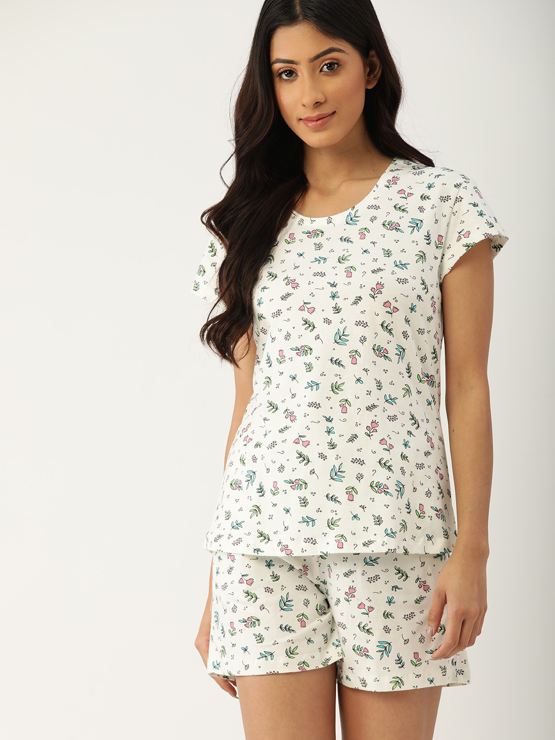 

ETC Women White & Blue Pure Cotton Floral Print Night suit