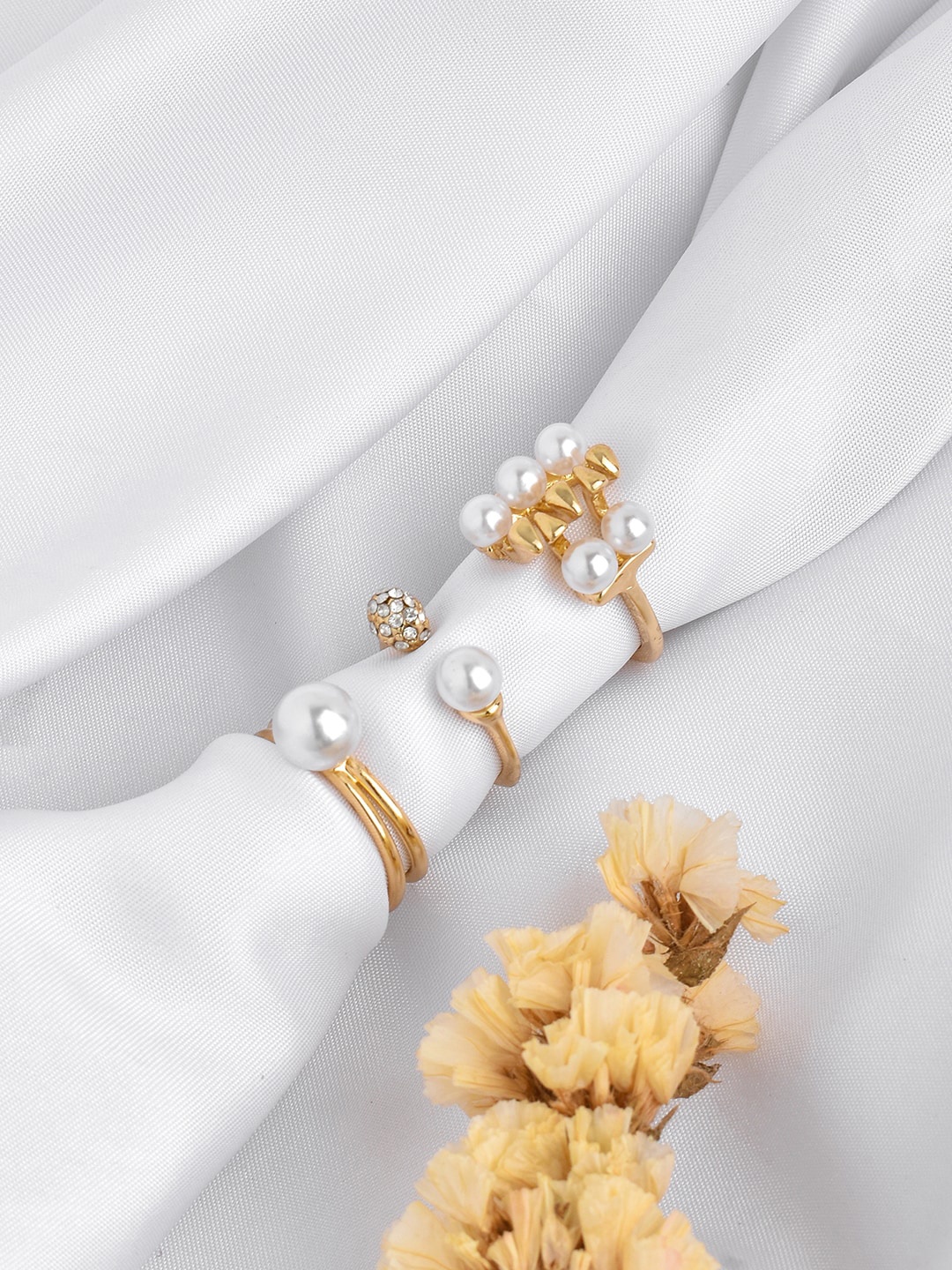 

JOKER & WITCH Set Of 3 Gold-Toned & White Pearl-Studded Finger Ring